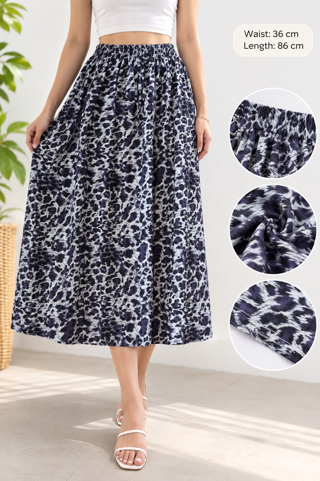 Abstract Animal Print Midi Skirt – Black & White