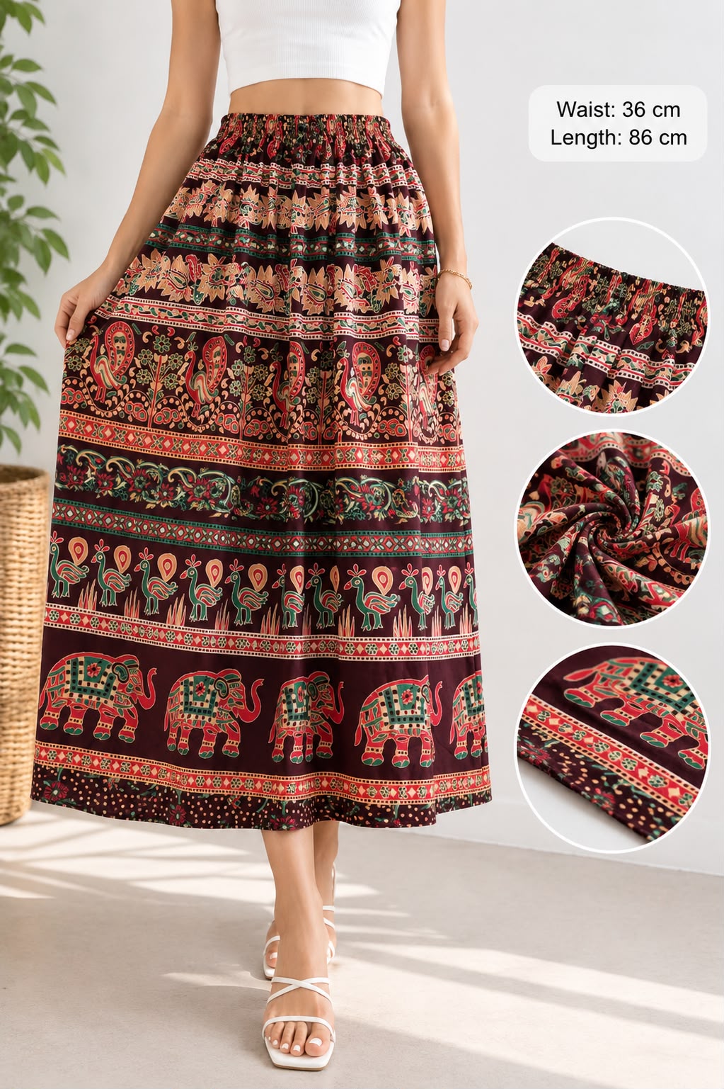 Bohemian Elephant Print Midi Skirt