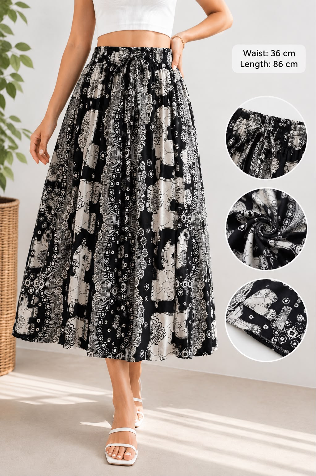Bohemian Elephant Print Midi Skirt