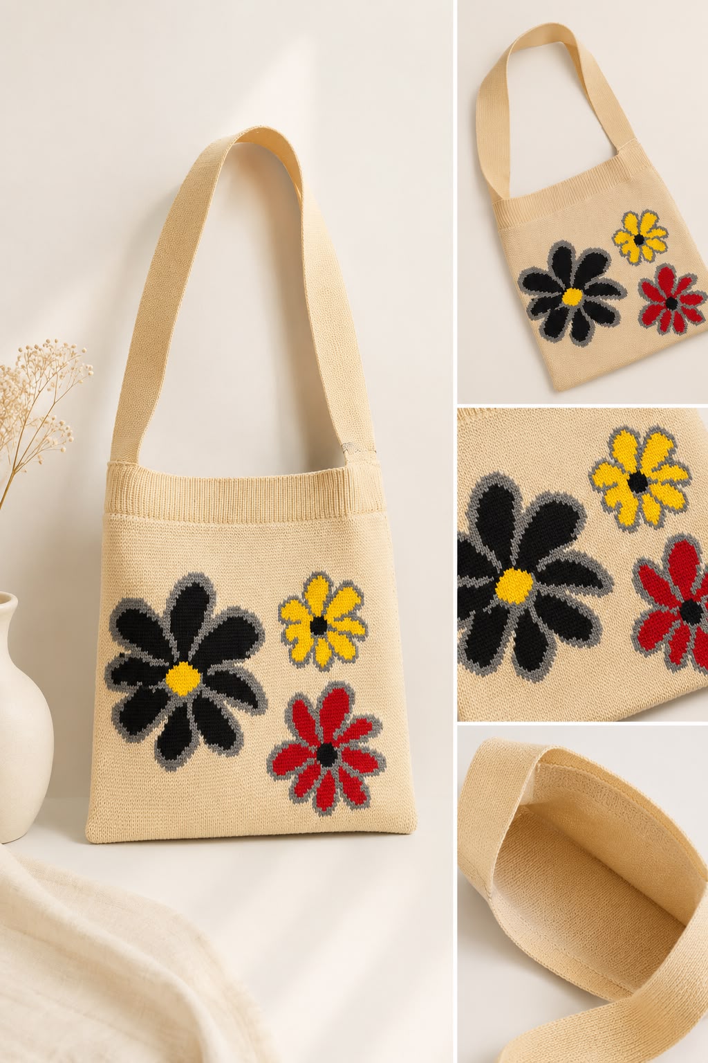 Women’s Floral Knit Shoulder Bag – Cream