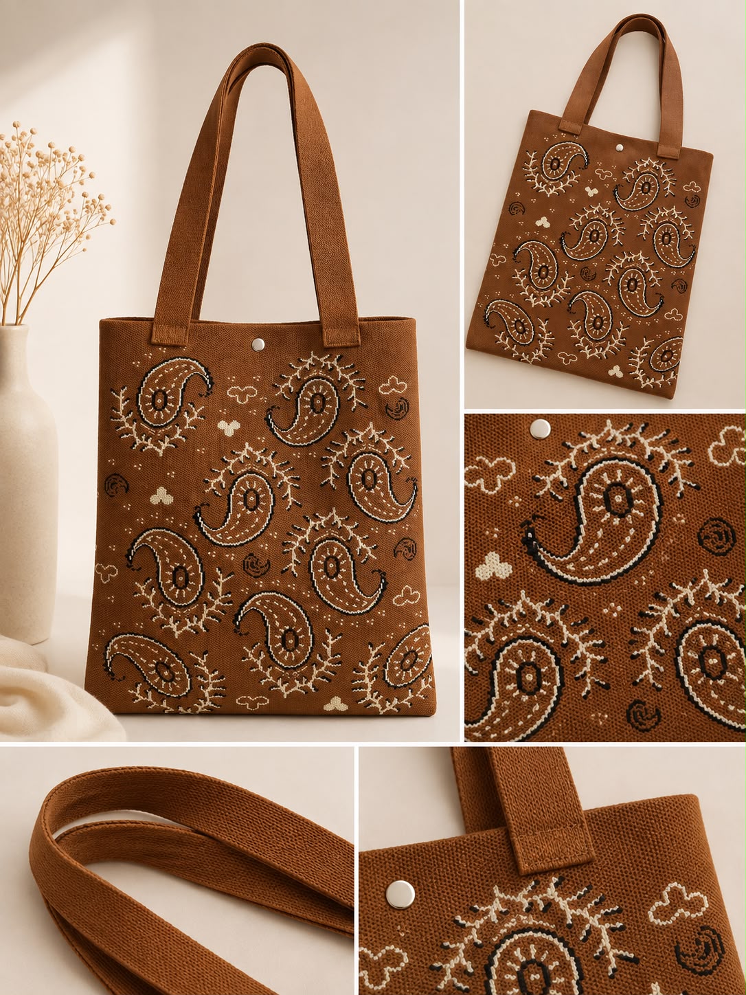 Women’s Paisley Woven Tote Bag – Brown