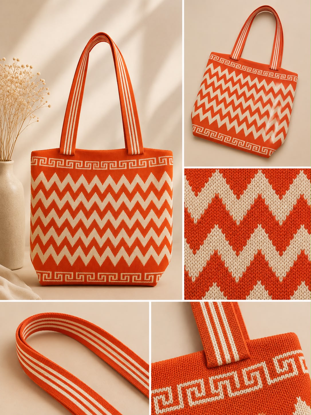 Women’s Chevron Knit Tote Bag – Orange & Cream