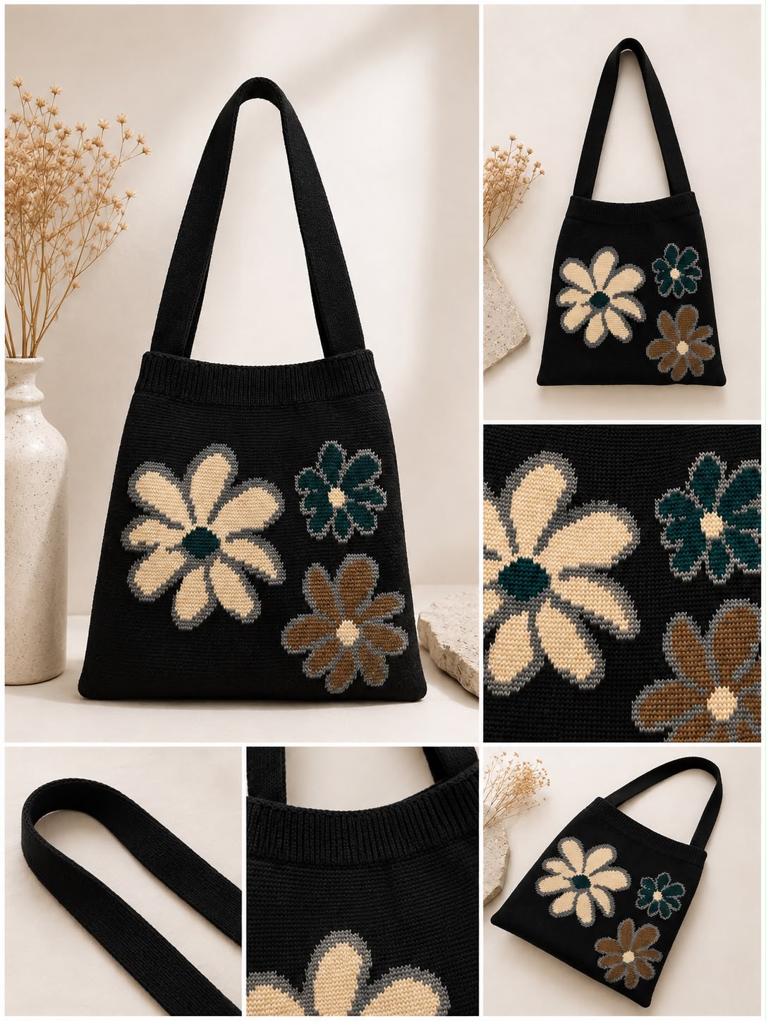 Women’s Floral Knit Shoulder Bag – Black