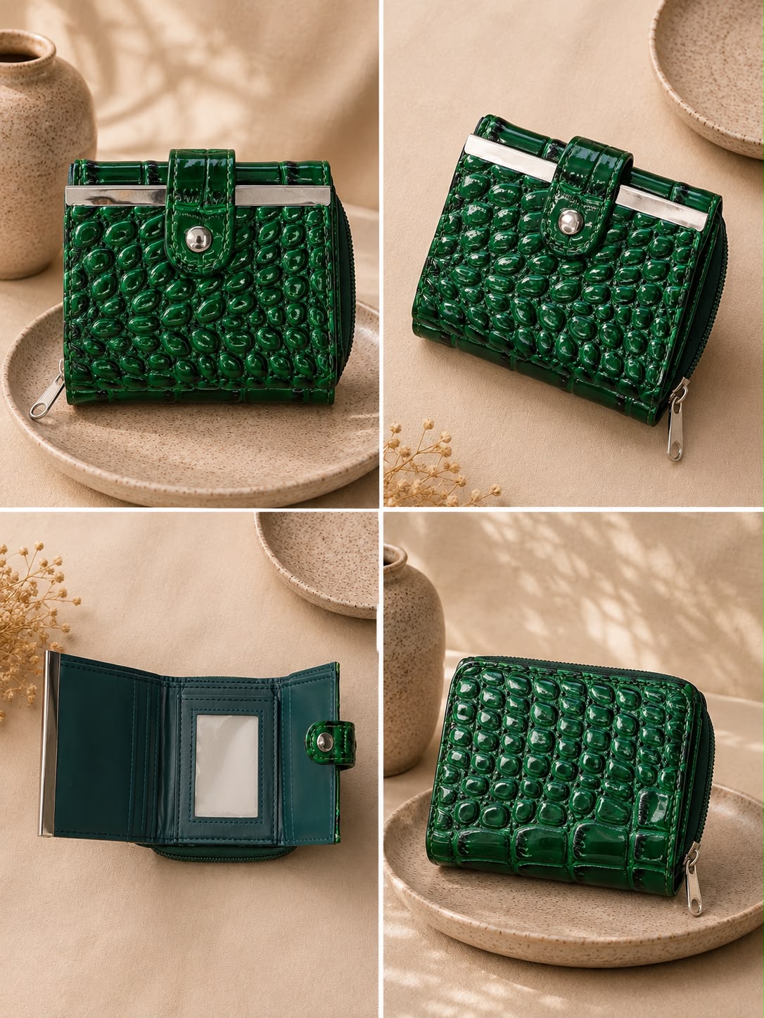Crocodile-Embossed Compact Wallet – Emerald Green