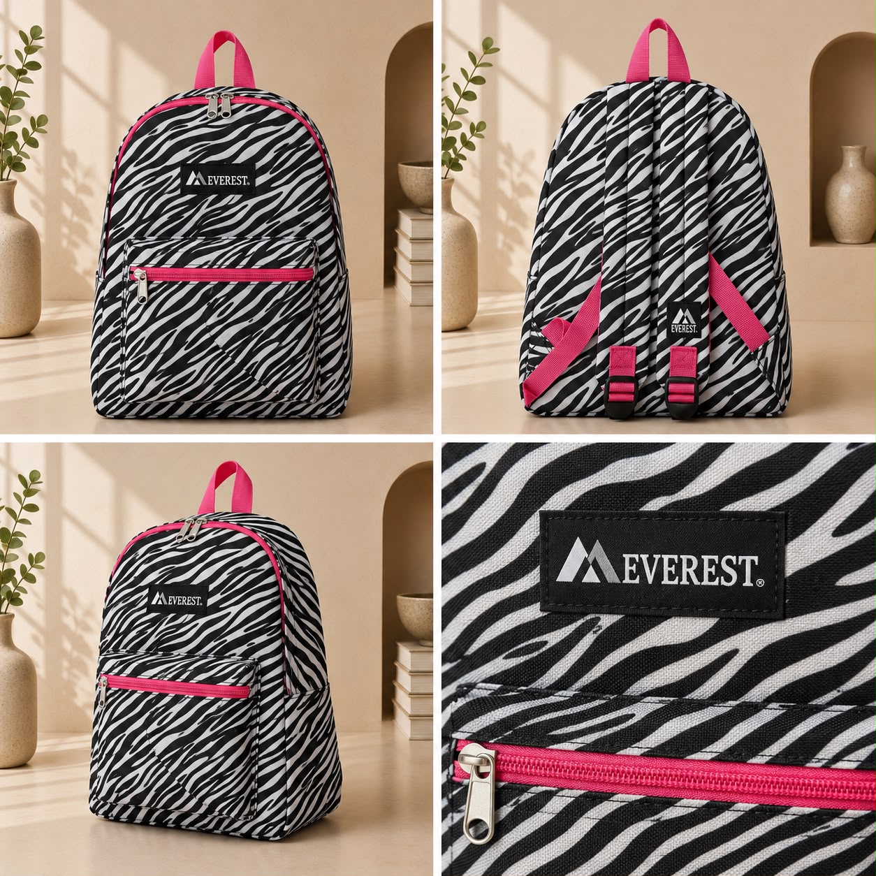 Everest Zebra Print Backpack – Black, White & Pink