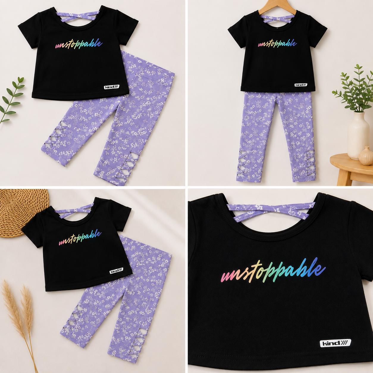 Girls’ “Unstoppable” T-Shirt & Floral Leggings Set