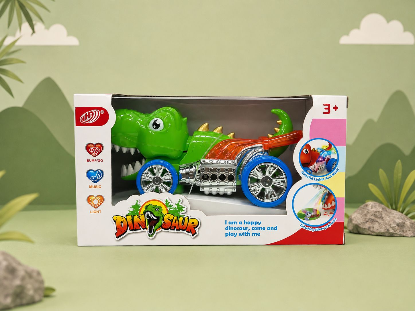 Bump-and-Go Dinosaur Car with Lights & Music