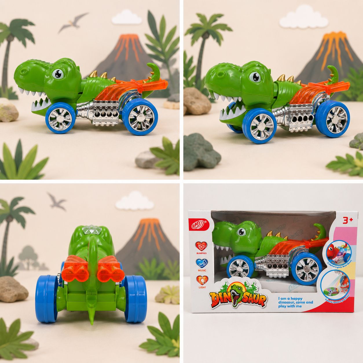 Bump-and-Go Dinosaur Car with Lights & Music