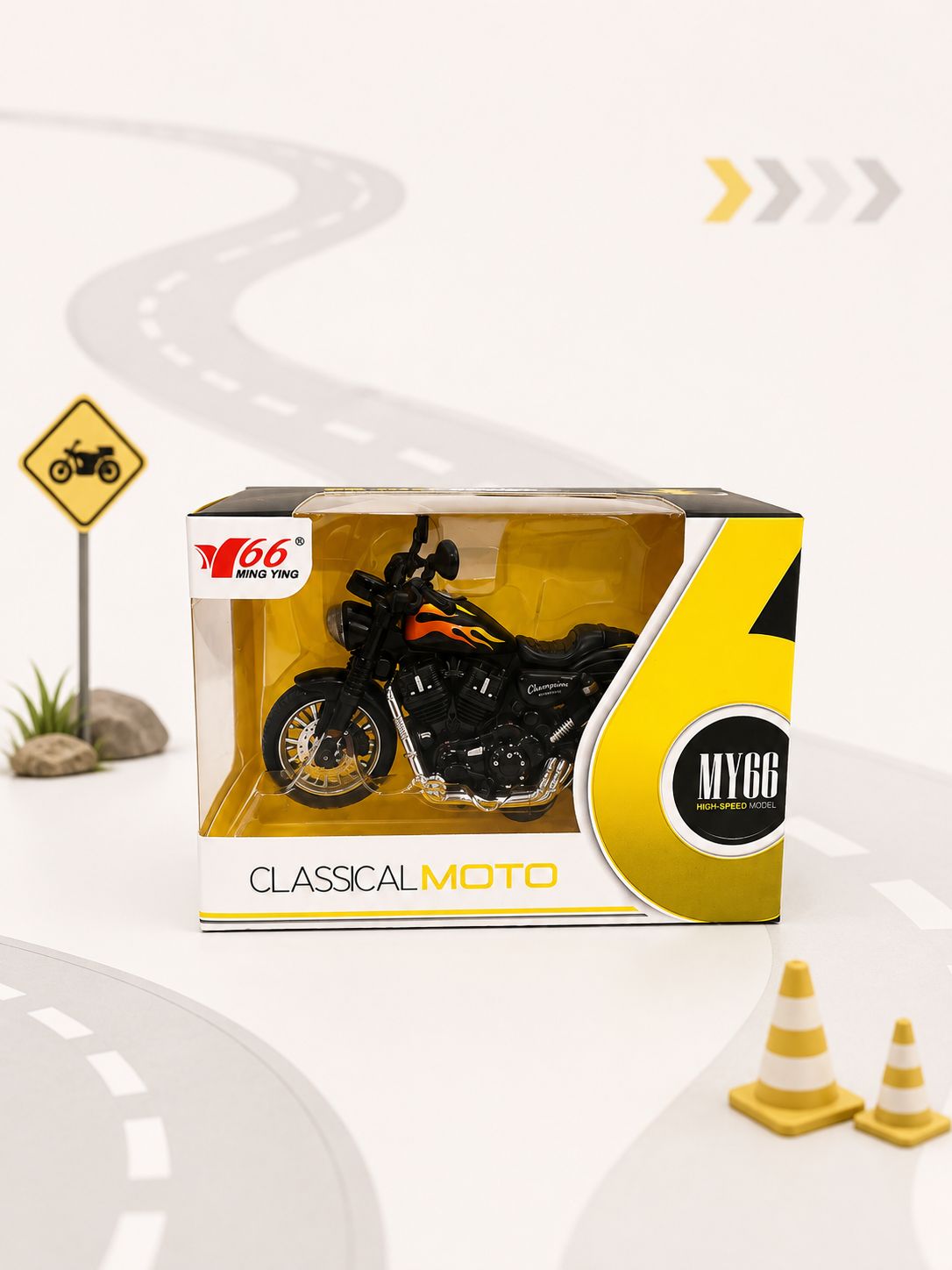 MY66 Classic Cruiser Motorcycle Model – Black with Flame Design