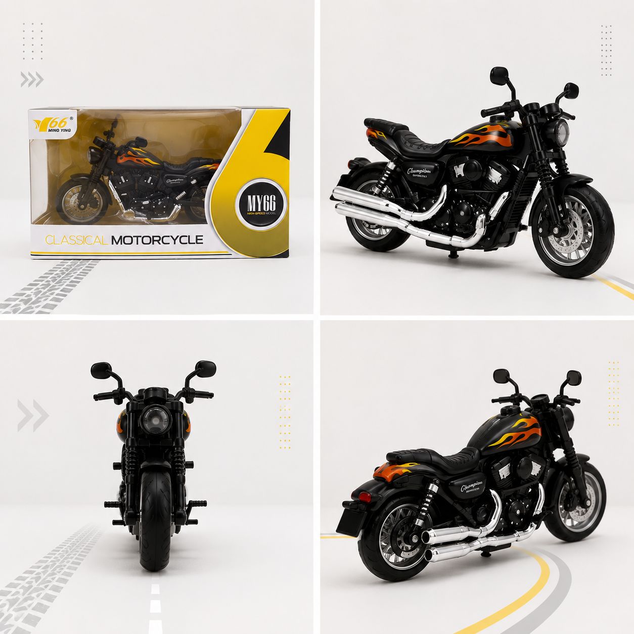 MY66 Classic Cruiser Motorcycle Model – Black with Flame Design