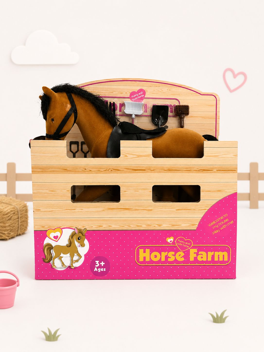 Horse Farm Playset with Saddle & Grooming Accessories – Brown