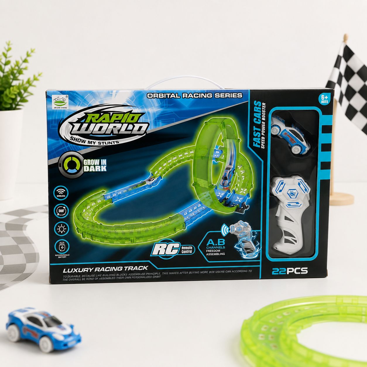 Rapid World Glow-in-the-Dark RC Racing Track – 22 Pieces