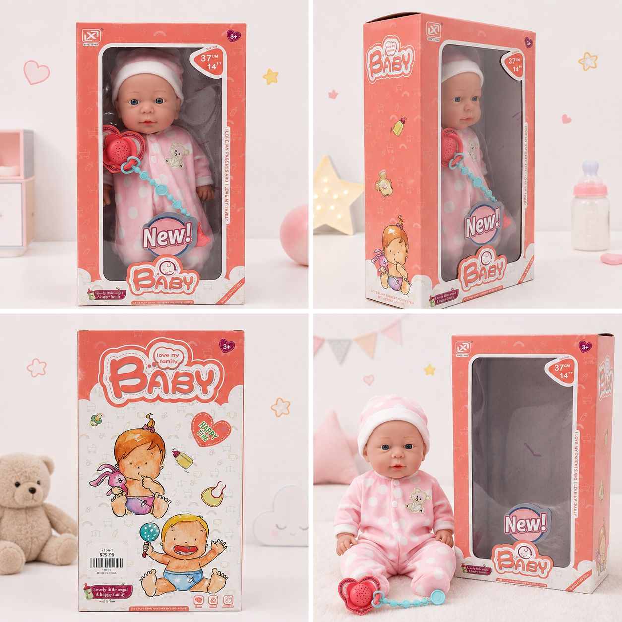 37 cm Baby Doll with Pacifier – Pink