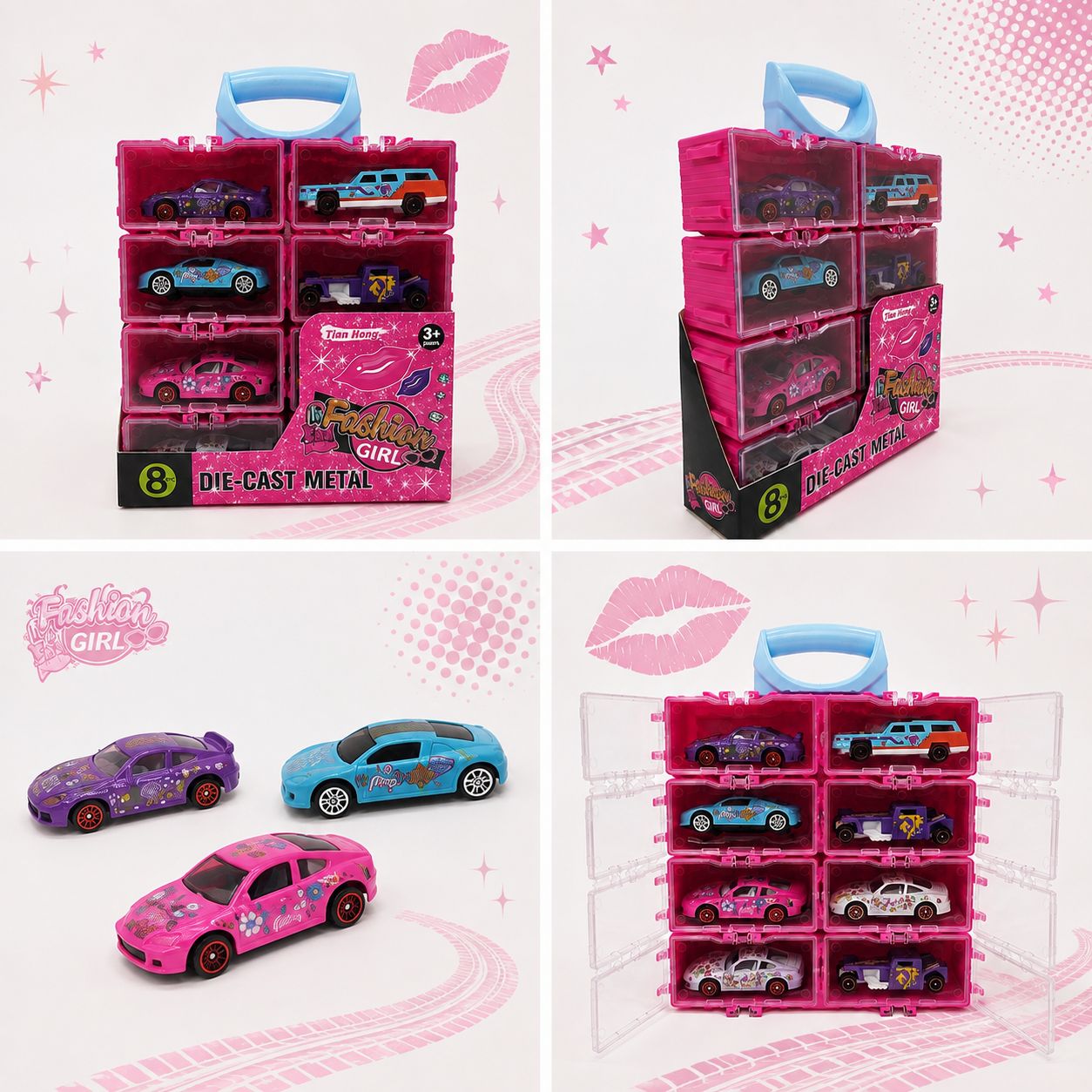 Fashion Girls 8-Piece Die-Cast Toy Vehicle Set with Carry Case