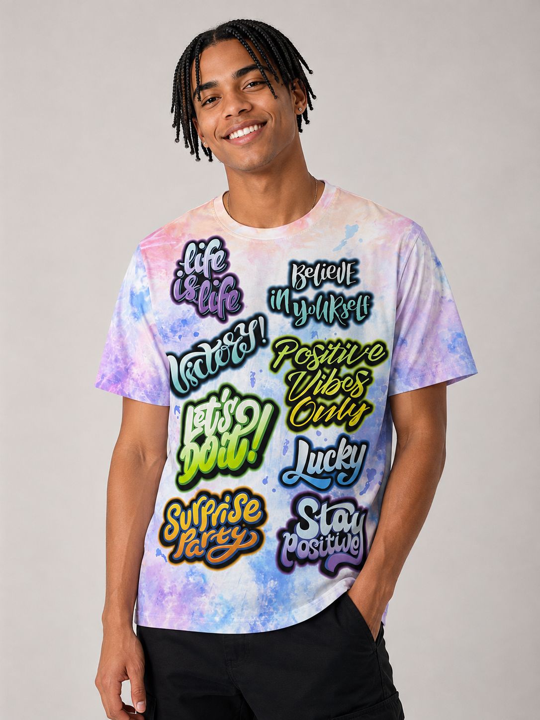 Victorious Men’s Positive Vibes Tie-Dye Graphic T-Shirt – Multicolour