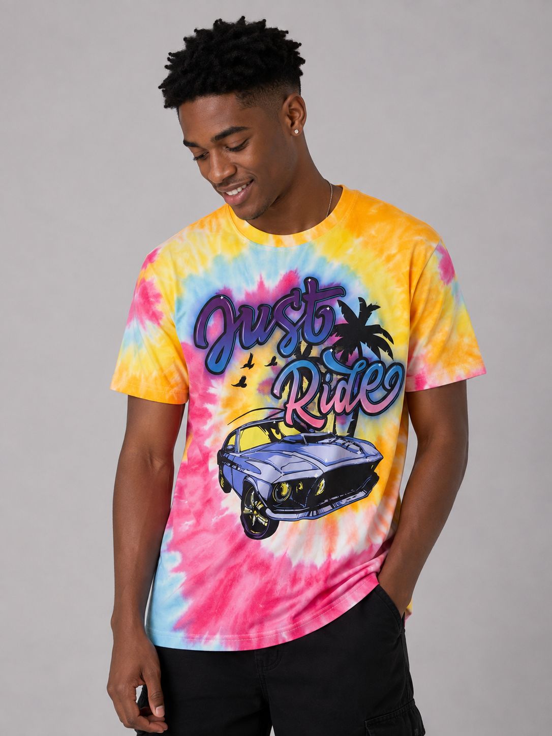 Victorious Men’s Just Ride Tie-Dye Car Graphic T-Shirt – Multicolor