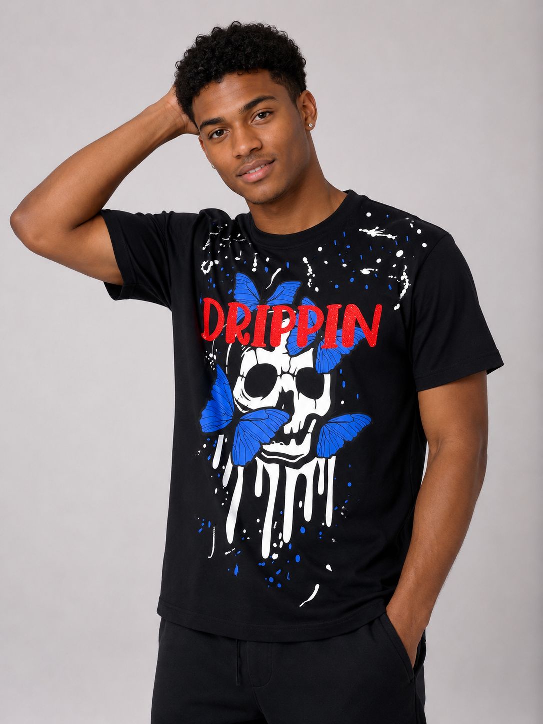 Victorious Men’s Drippin Skull & Butterfly Graphic T-Shirt – Black