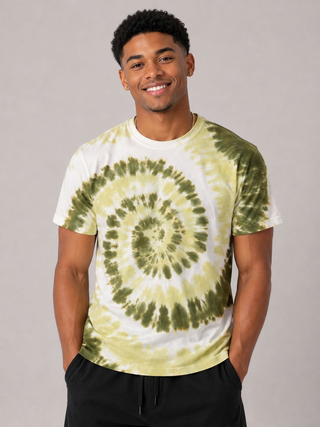 Victorious Men’s Spiral Tie-Dye T-Shirt – Olive Green & White