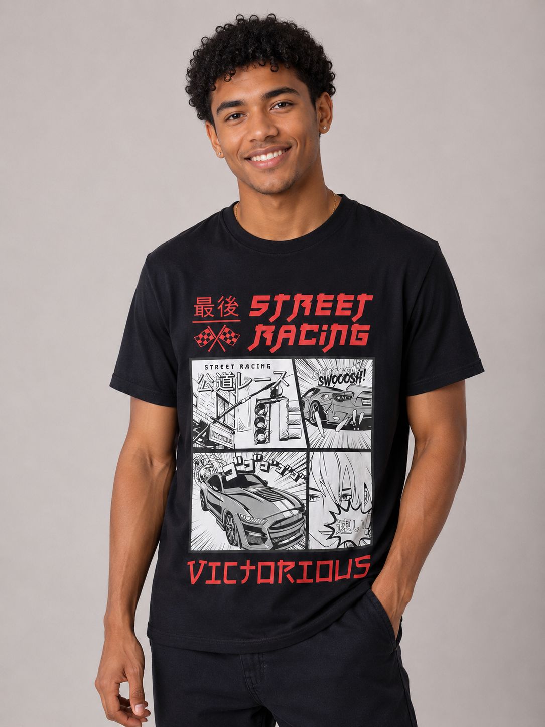 Victorious Men’s Street Racing Manga Graphic T-Shirt – Black
