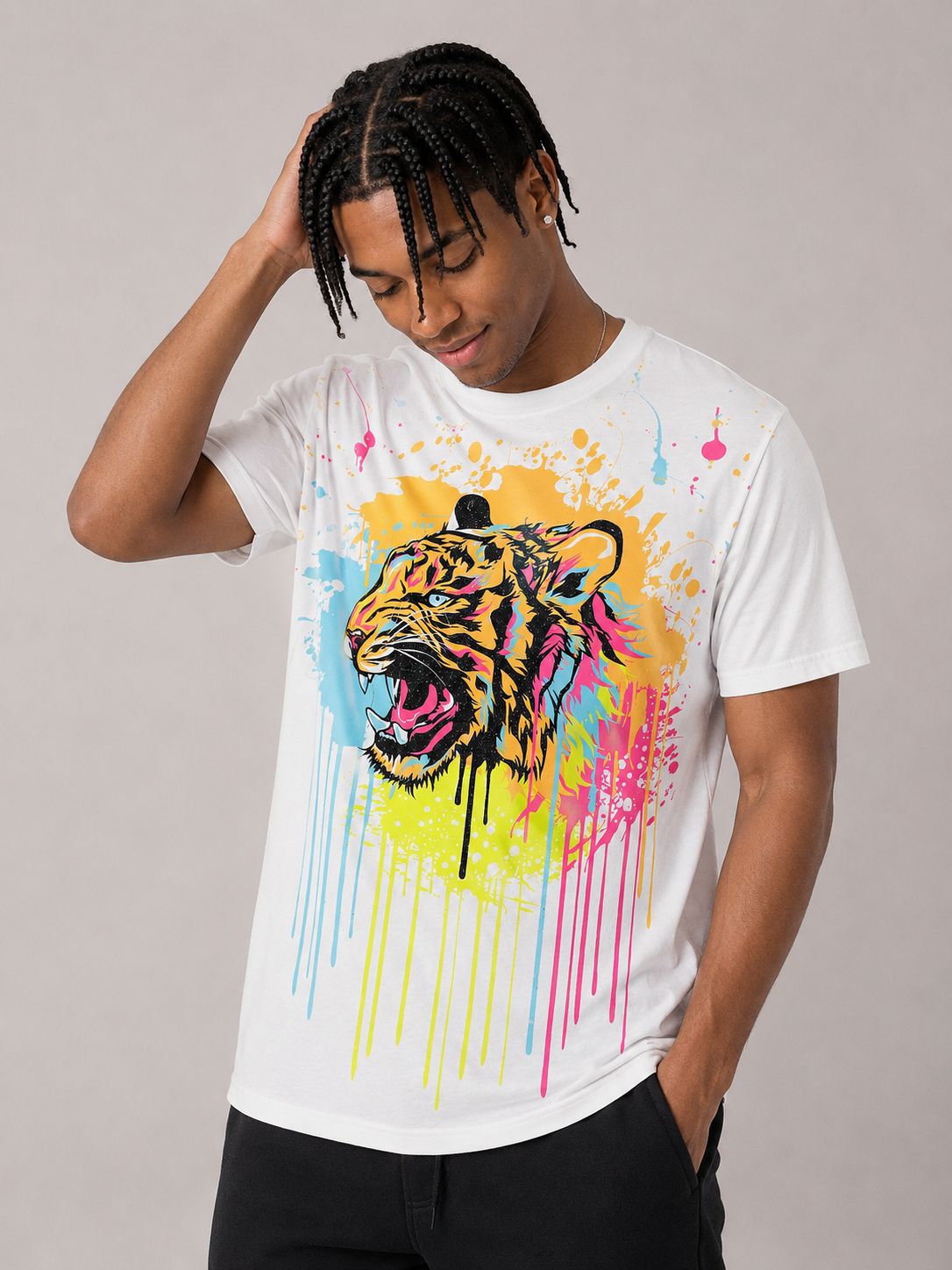 Victorious Men’s Colour Splash Tiger Graphic T-Shirt – White