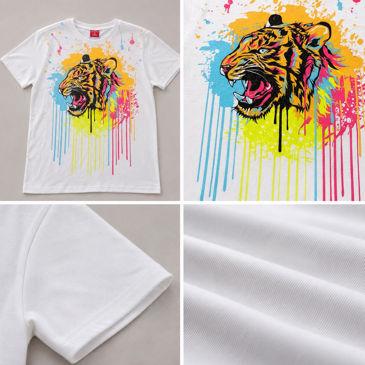 Victorious Men’s Colour Splash Tiger Graphic T-Shirt – White