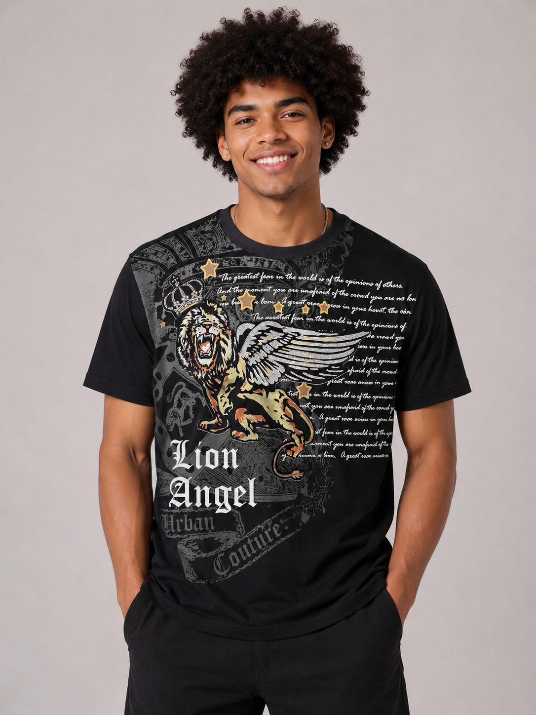 Victorious Men’s Lion Angel Graphic T-Shirt – Black