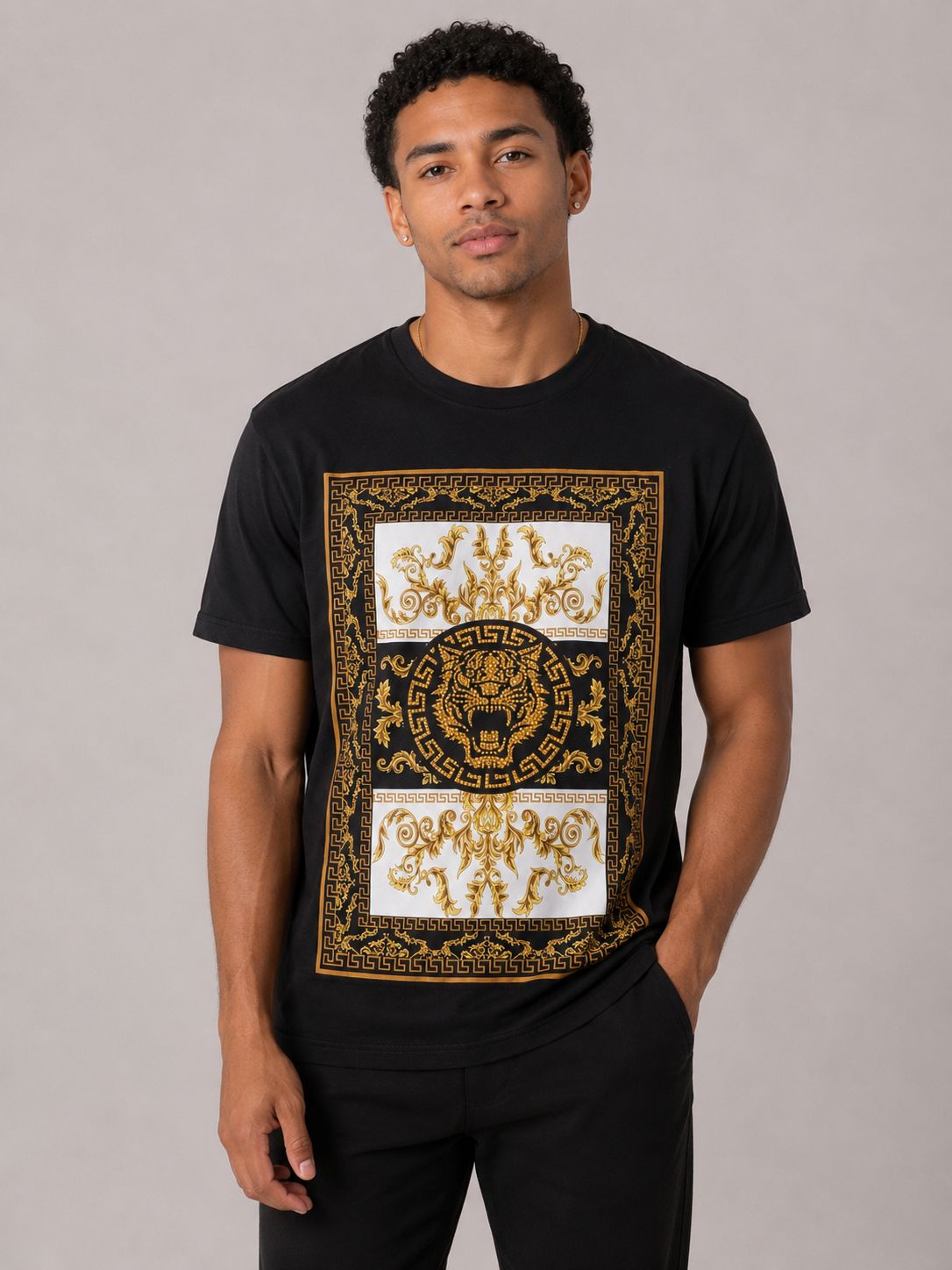 Victorious Men’s Baroque Tiger Graphic T-Shirt – Black & Gold