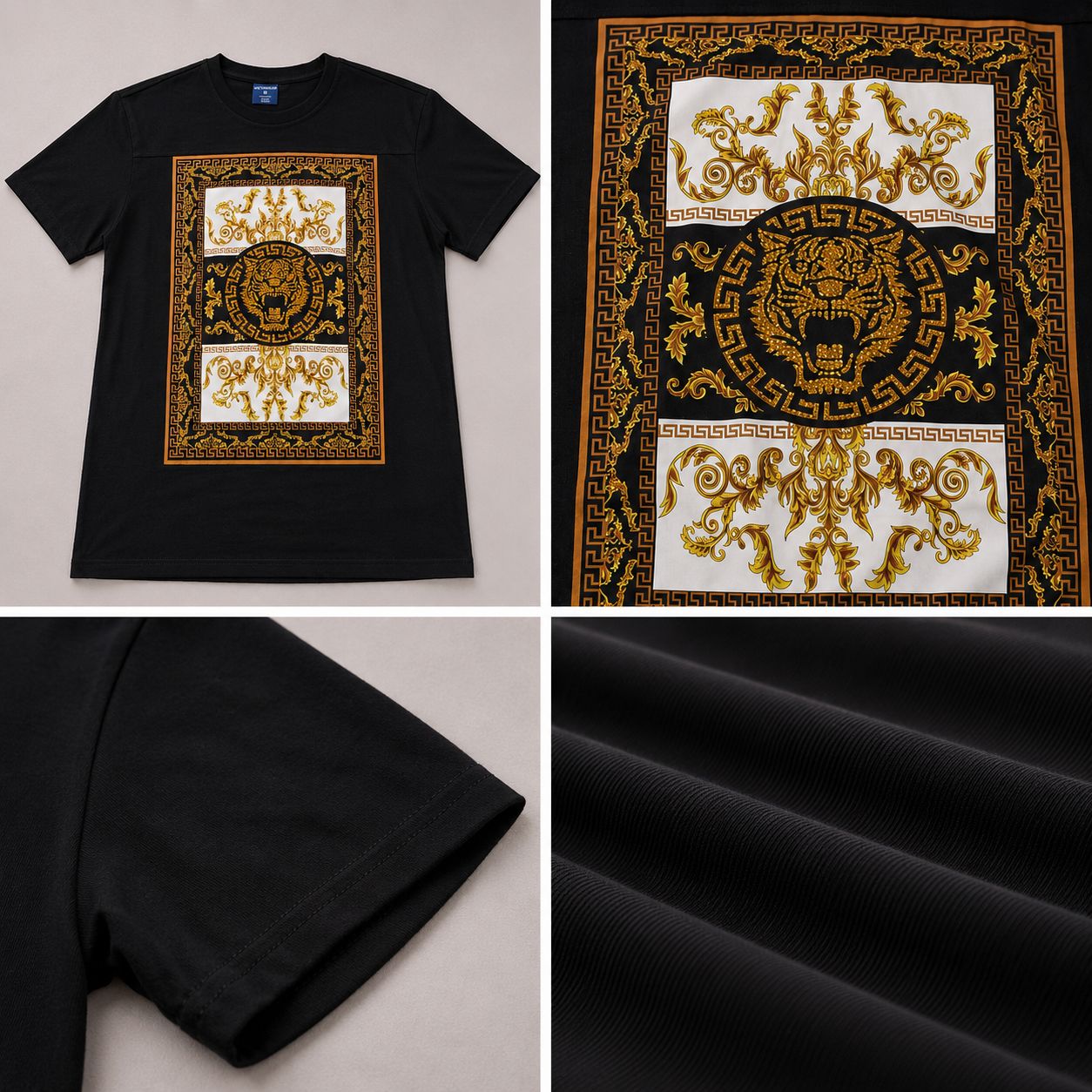 Victorious Men’s Baroque Tiger Graphic T-Shirt – Black & Gold