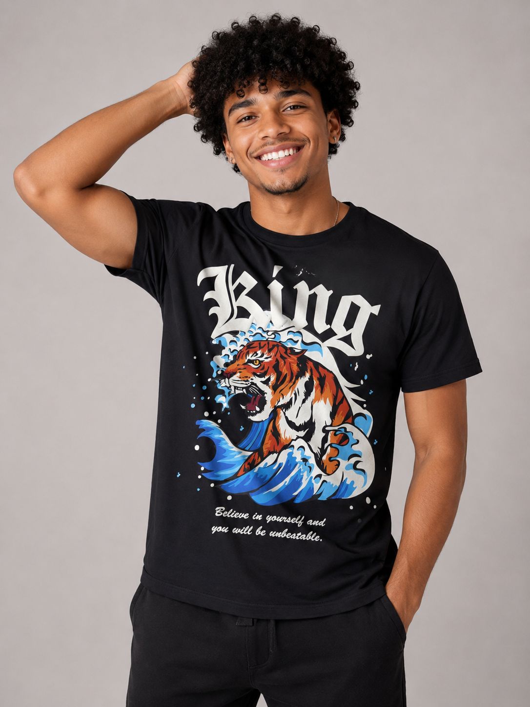 Men’s King Tiger Wave Graphic T-Shirt – Black