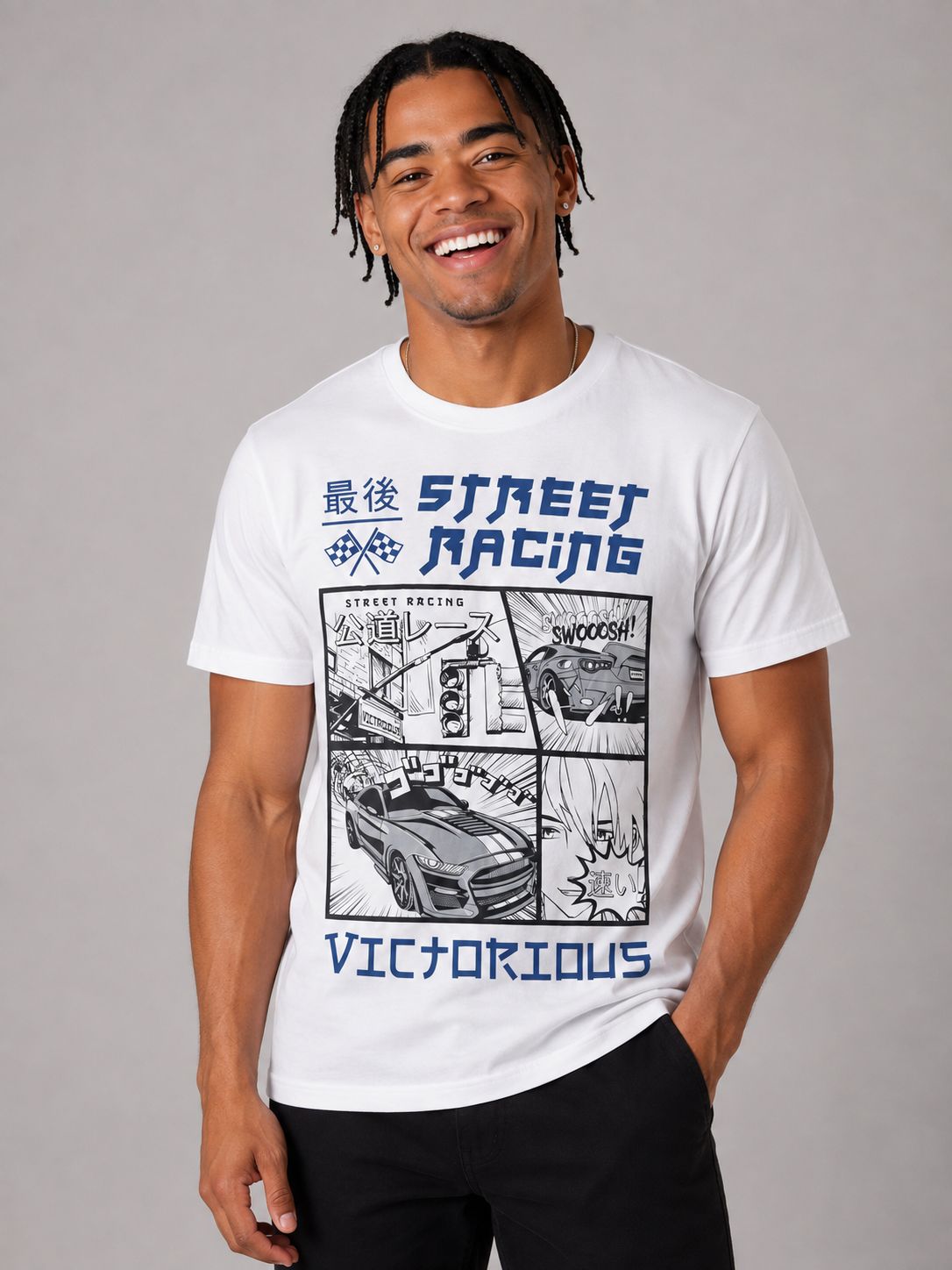 Victorious Men’s Street Racing Manga Graphic T-Shirt – White