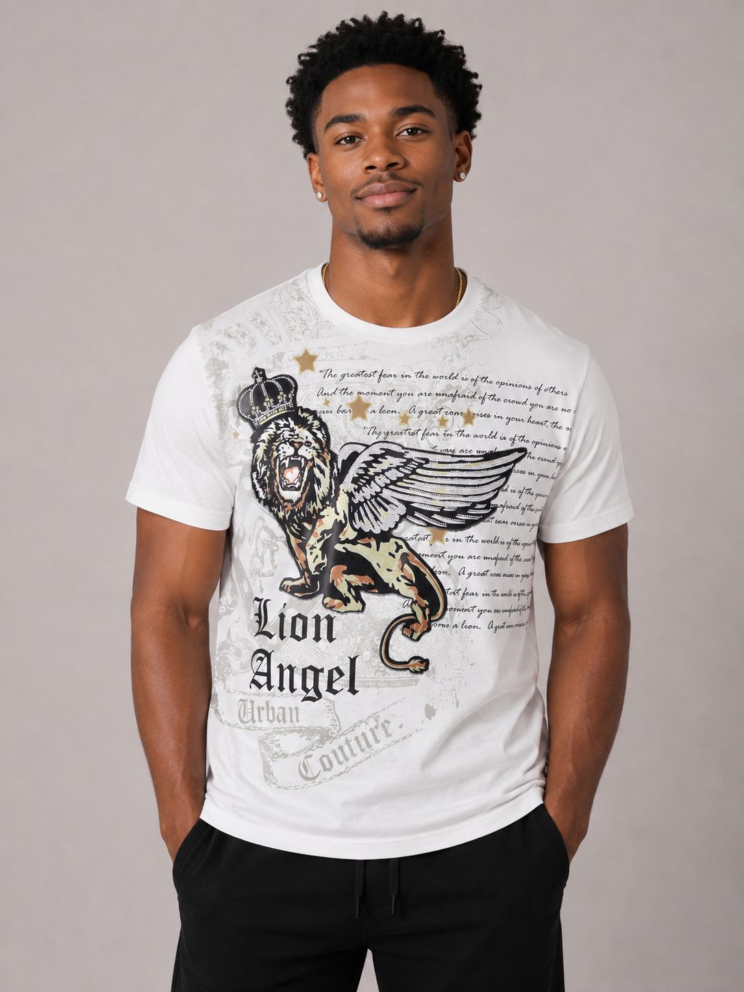 Victorious Men’s Lion Angel Graphic T-Shirt – White