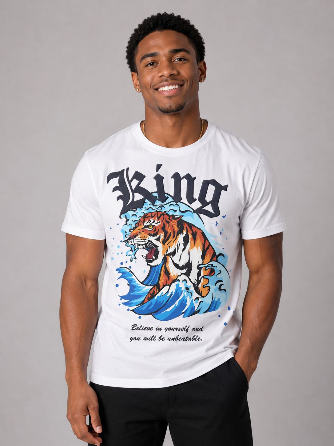 Victorious Men’s King Tiger Wave Graphic T-Shirt – White