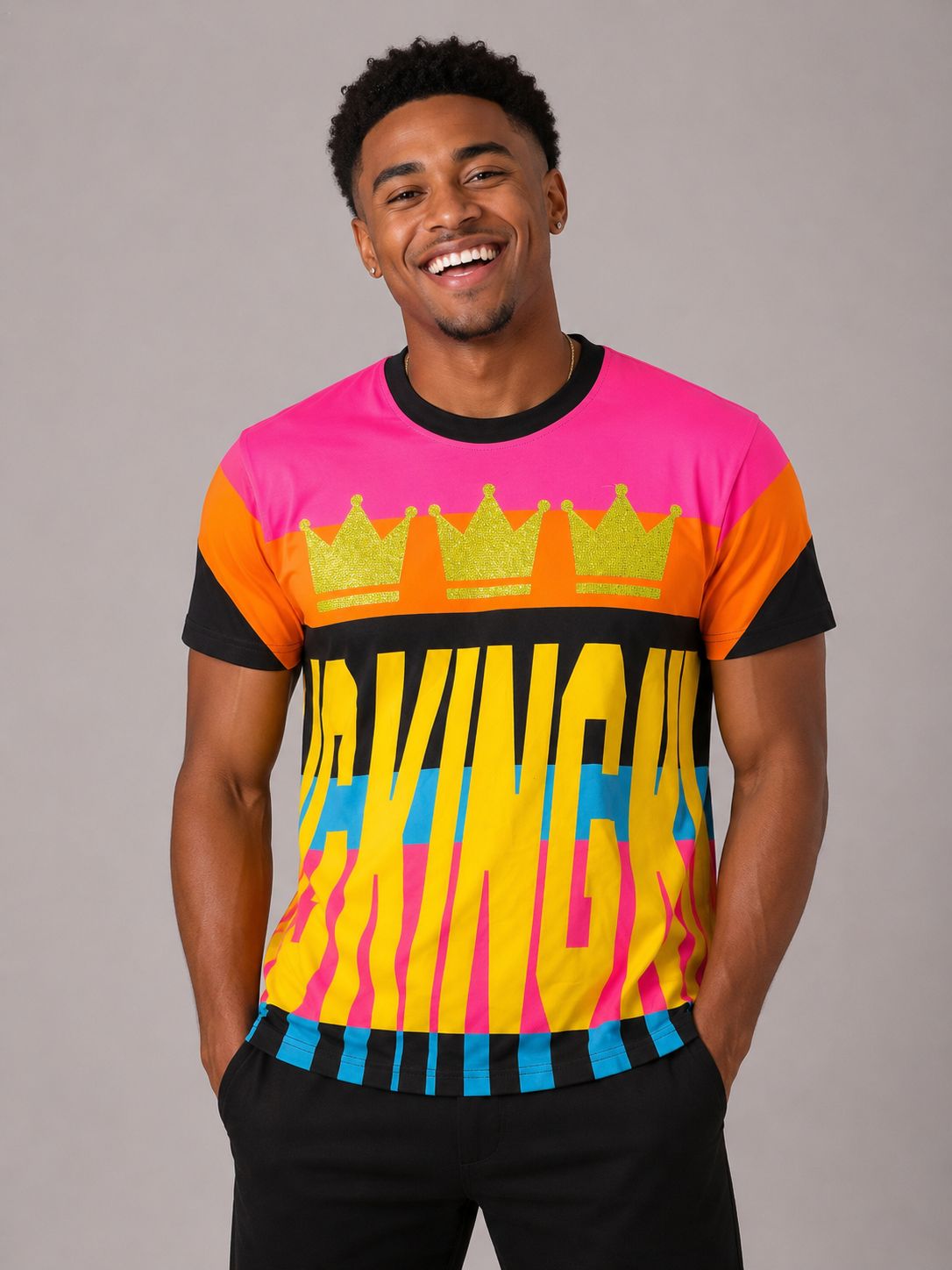 Victorious Men’s King Crown Colour Block T-Shirt – Pink Multicolour