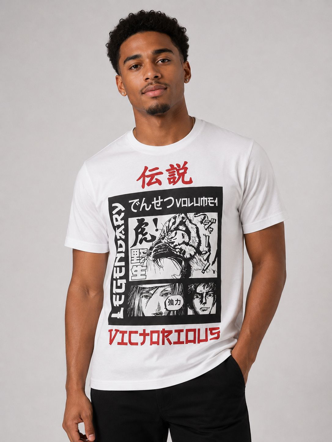 Victorious Men’s Legendary Tiger Manga Graphic T-Shirt – White