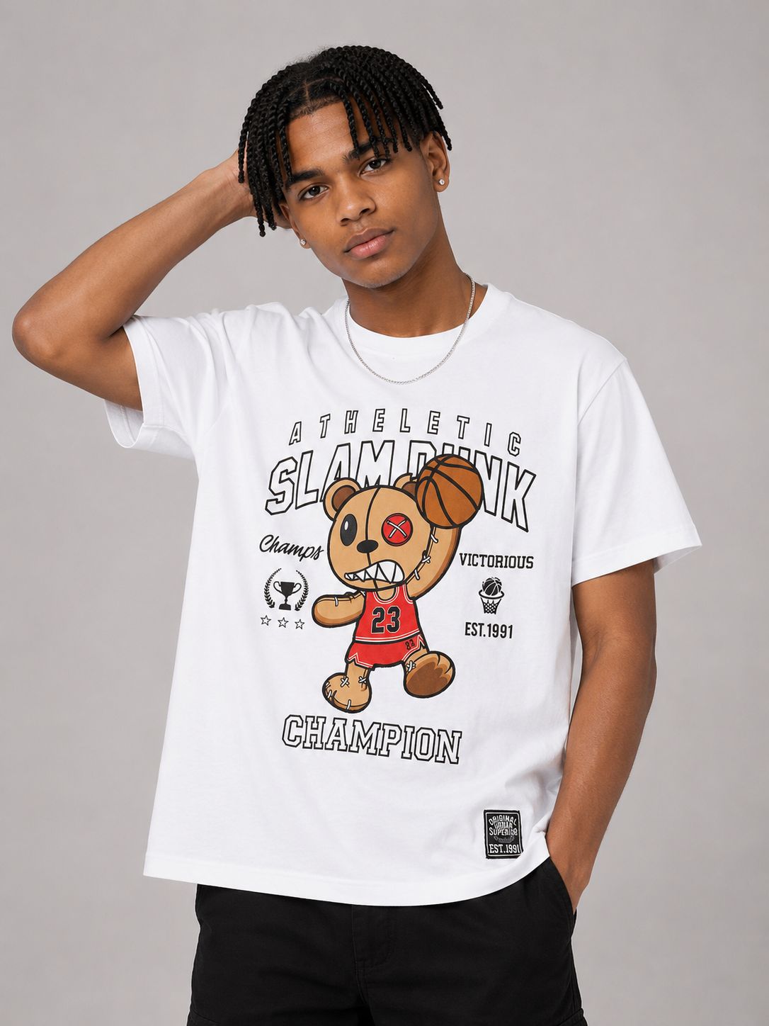 Victorious Boys Slam Dunk Bear Graphic T-Shirt – White
