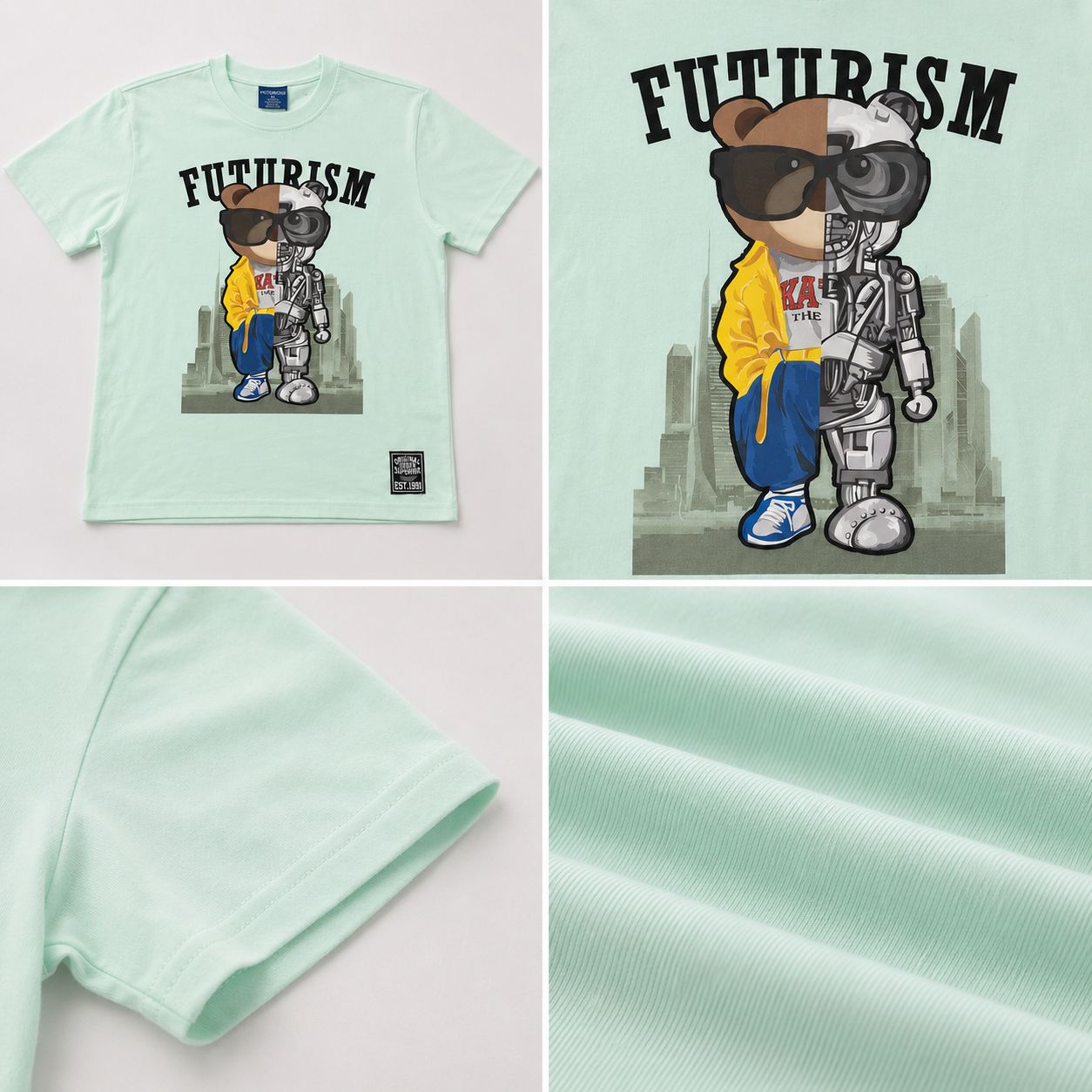 Victorious Kids Futurism Bear Graphic T-Shirt – Mint Green (3112)