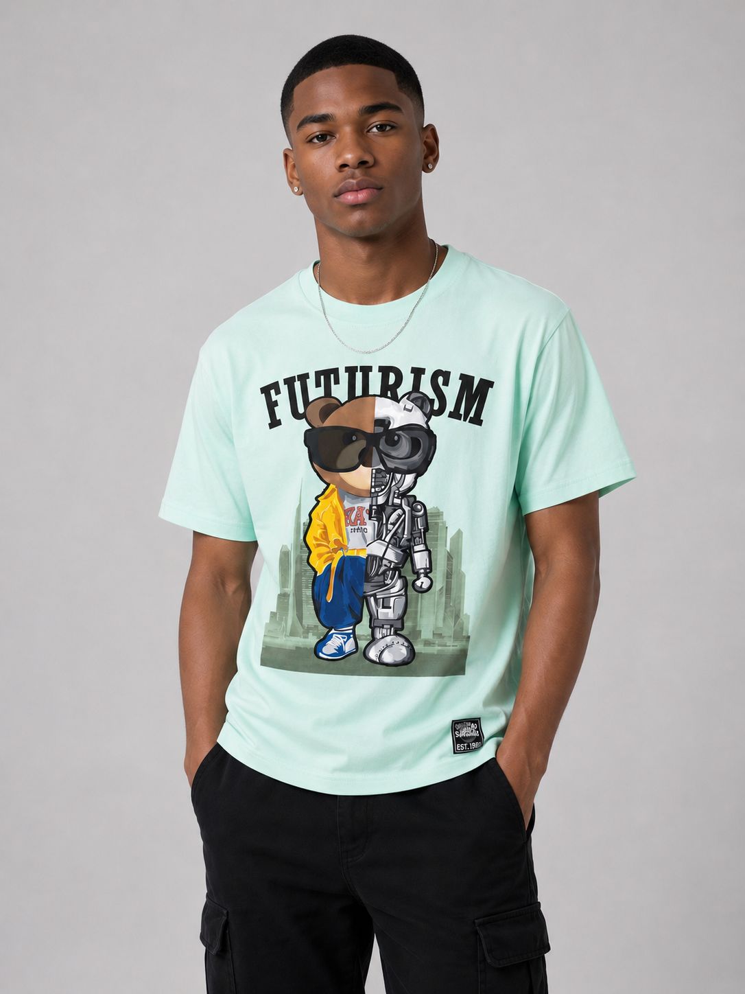 Victorious Kids Futurism Bear Graphic T-Shirt – Mint Green (3112)