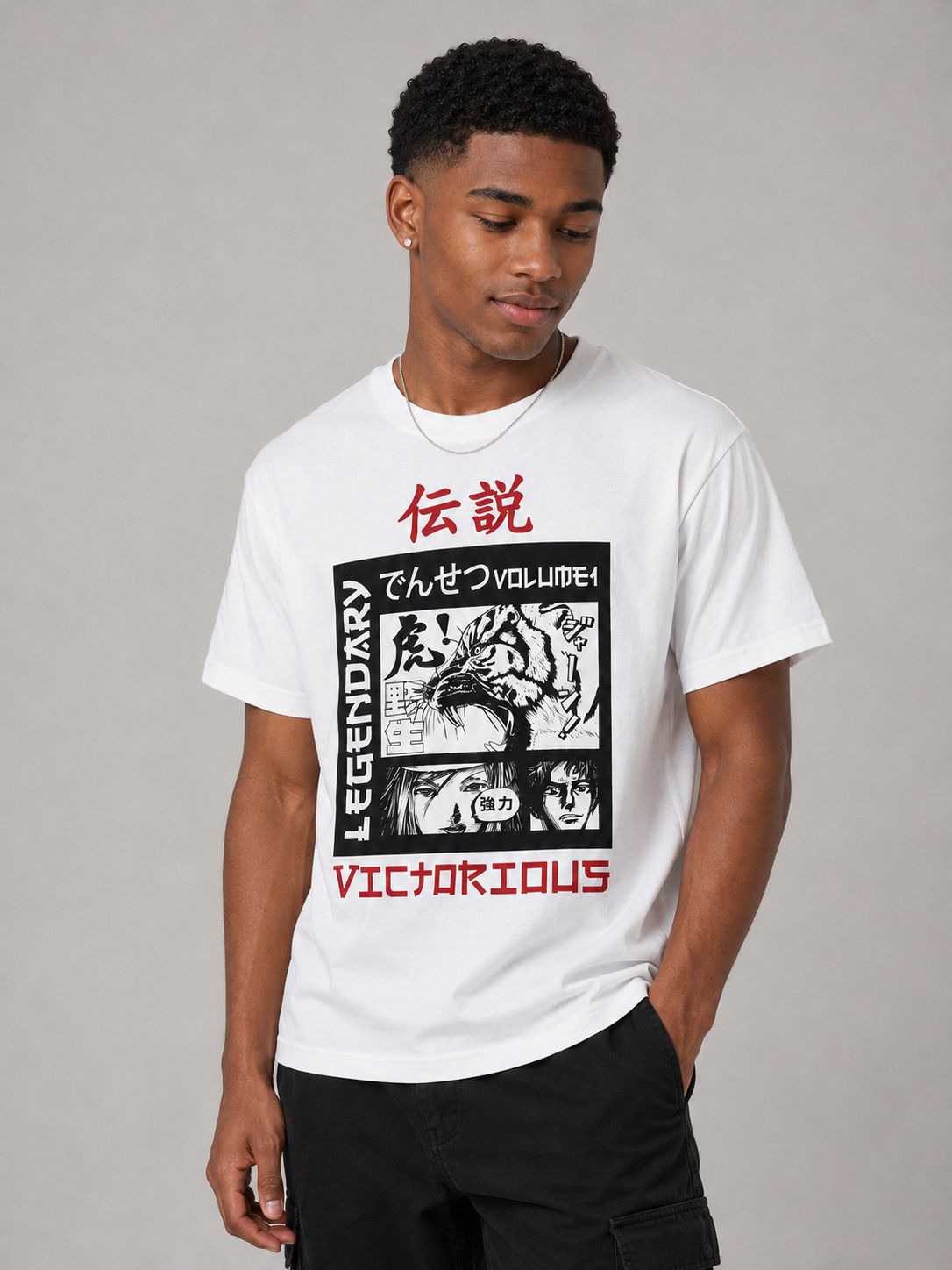 Victorious Boys Legendary Tiger Manga Graphic T-Shirt – White