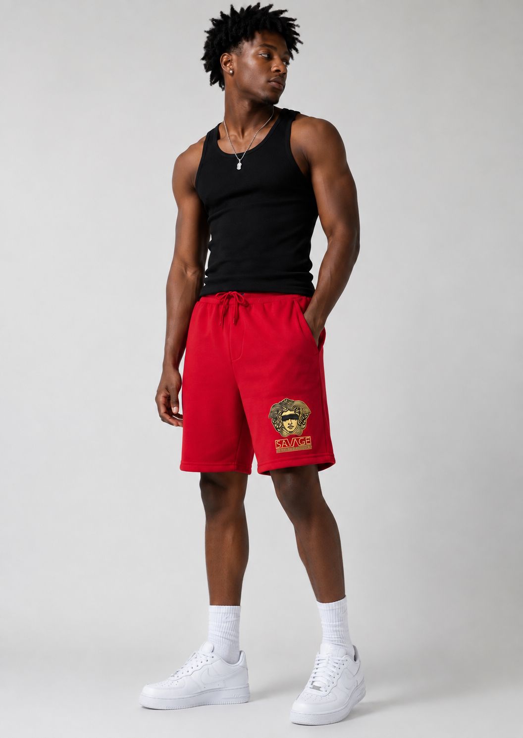 Men’s Savage Medusa Casual Drawstring Shorts – Red