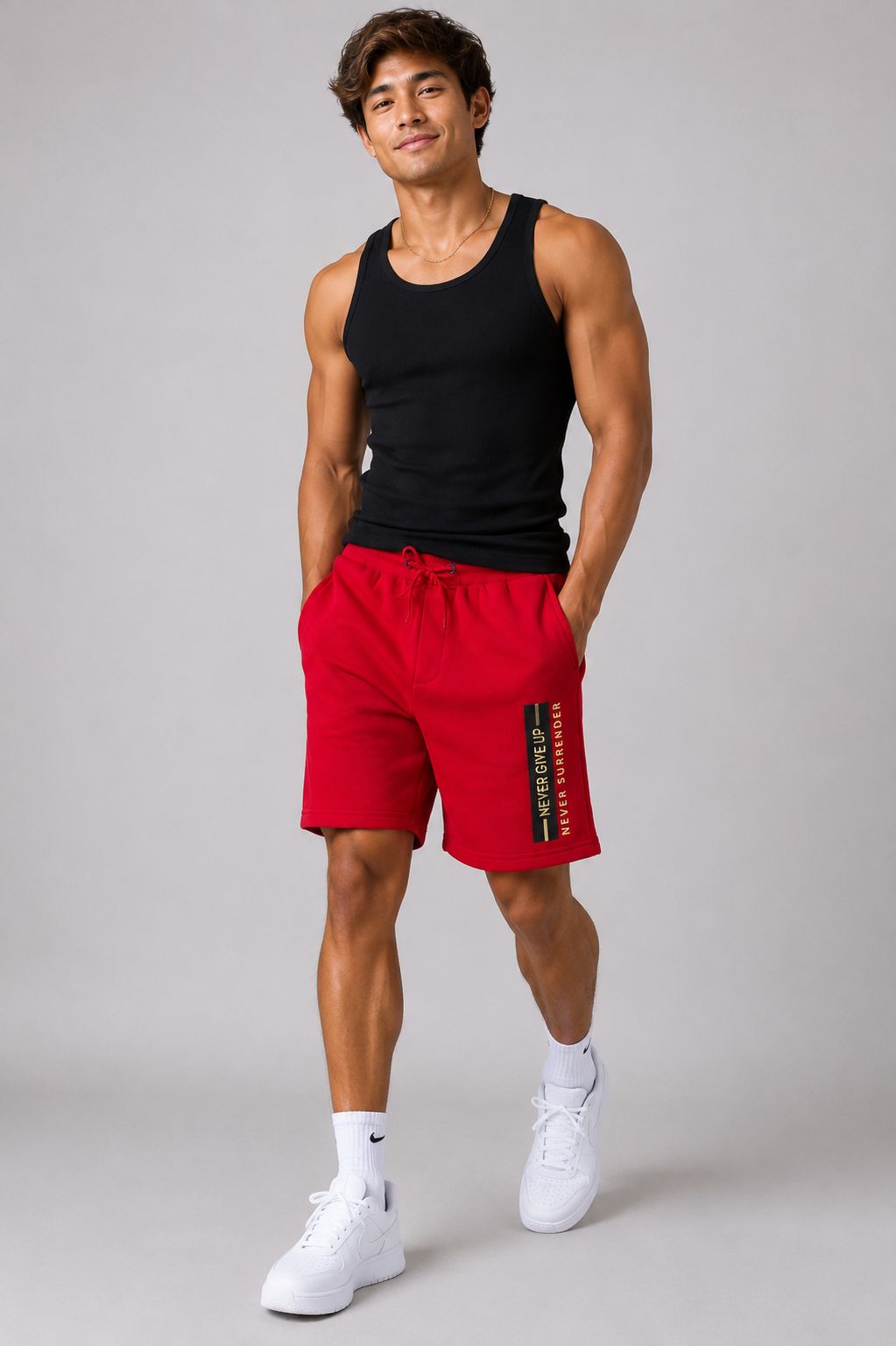 Men’s Never Give Up Drawstring Shorts – Red