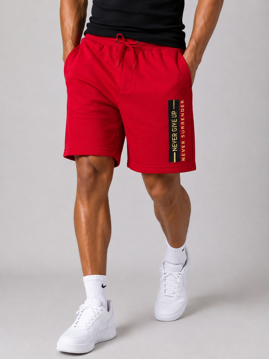Men’s Never Give Up Drawstring Shorts – Red