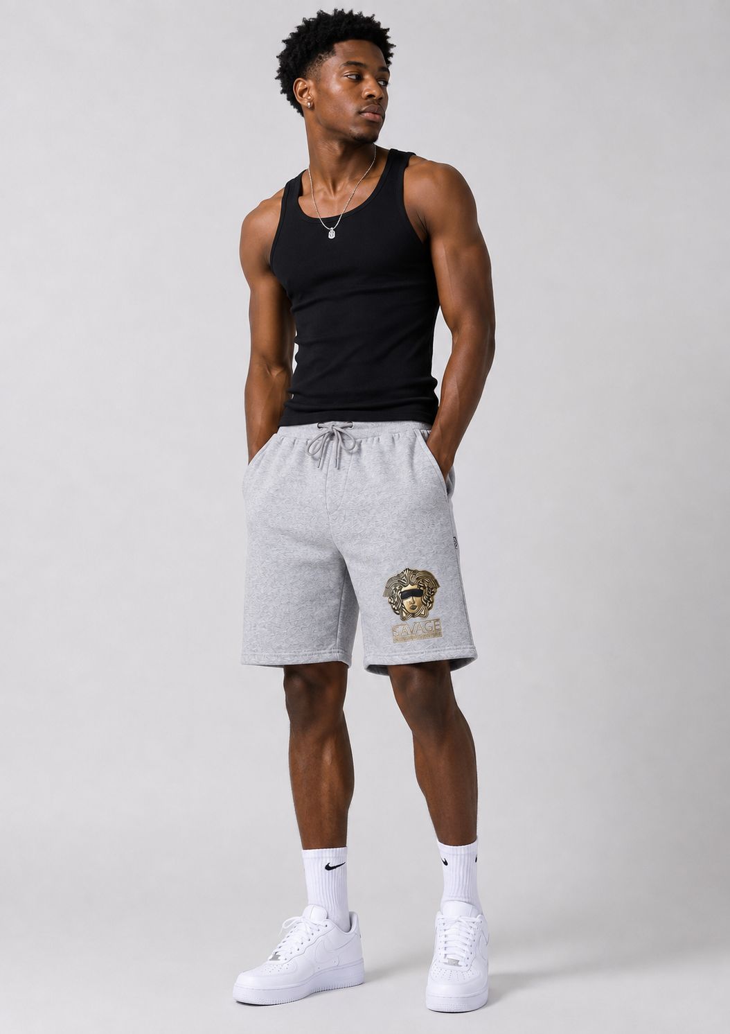 Men’s Savage Medusa Embossed Drawstring Shorts – Light Grey