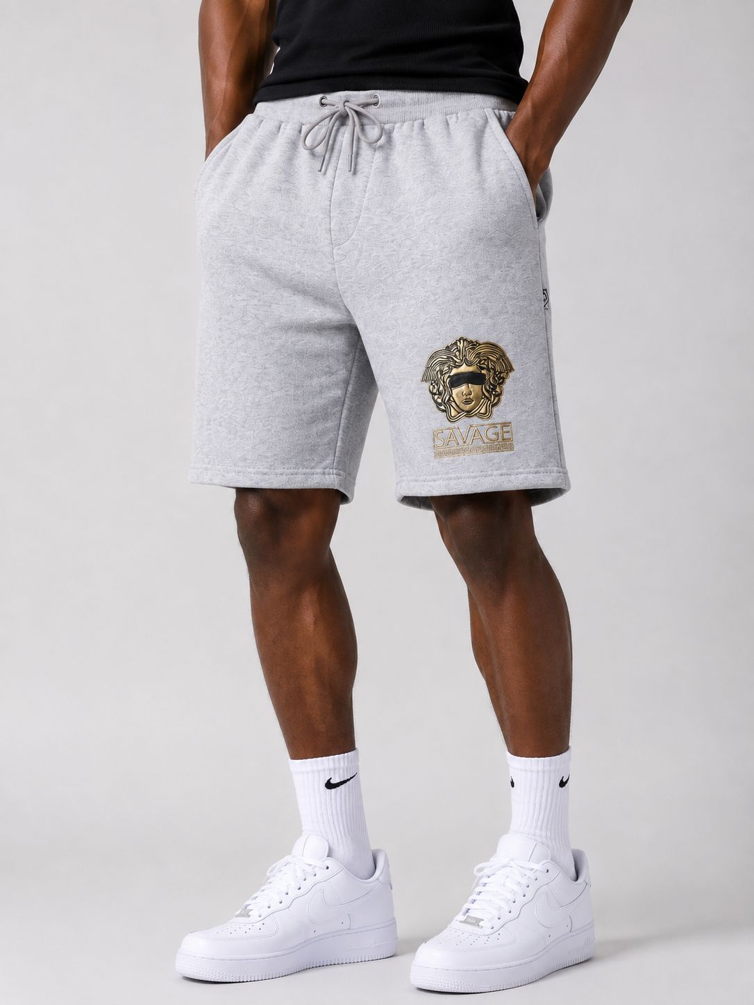 Men’s Savage Medusa Embossed Drawstring Shorts – Light Grey