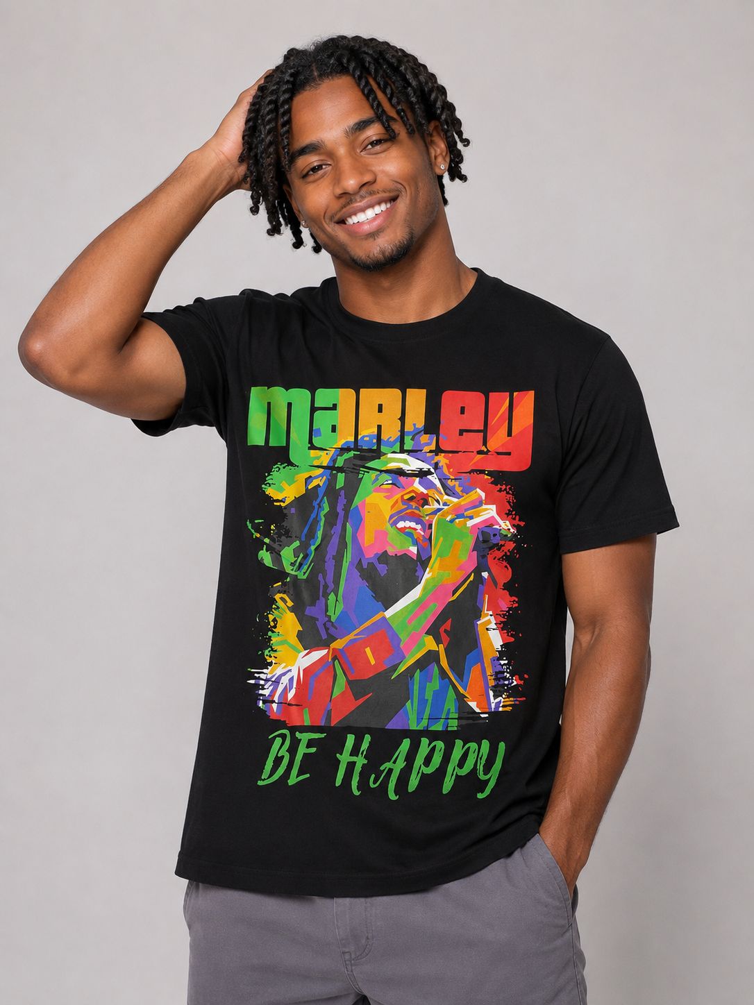 Men’s Bob Marley Be Happy Graphic T-Shirt – Black