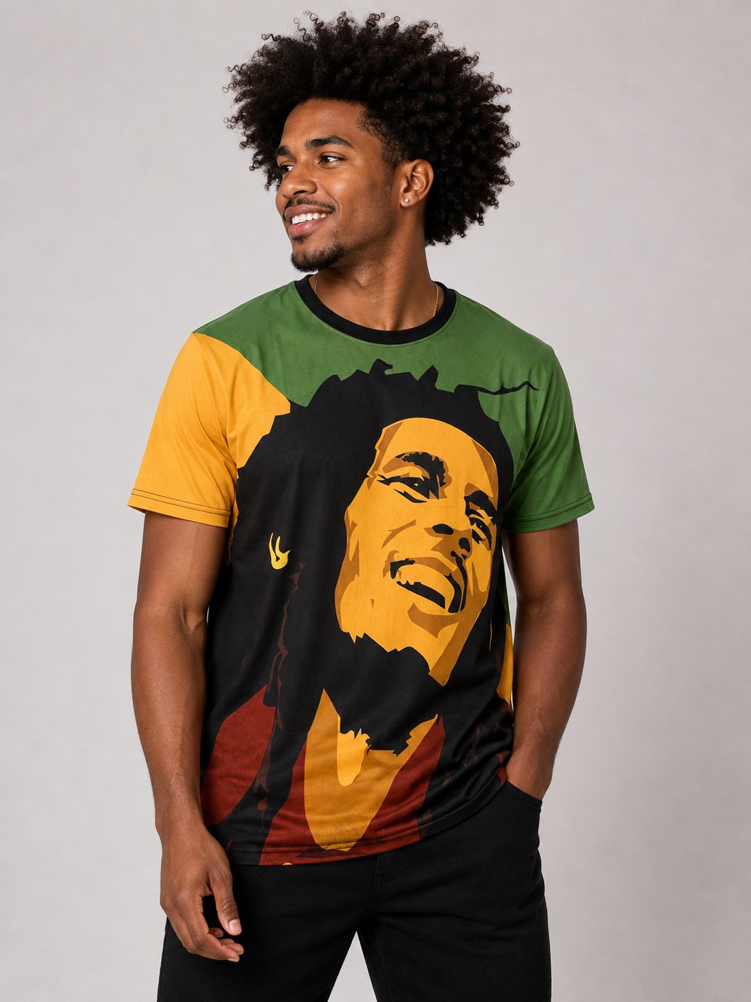 Men’s Bob Marley Portrait Graphic T-Shirt – Rasta Colours