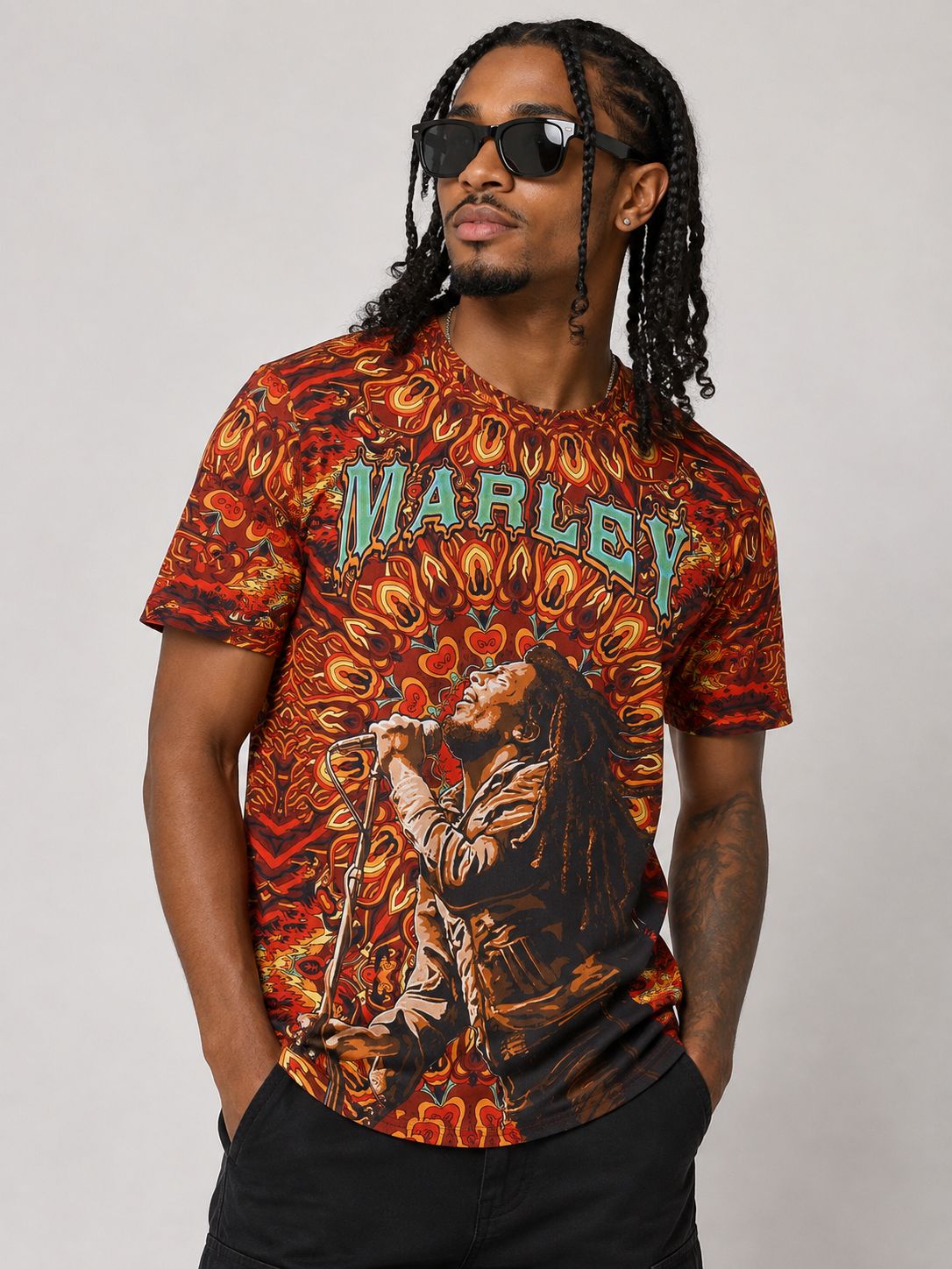 Men’s Bob Marley All-Over Graphic T-Shirt – Orange