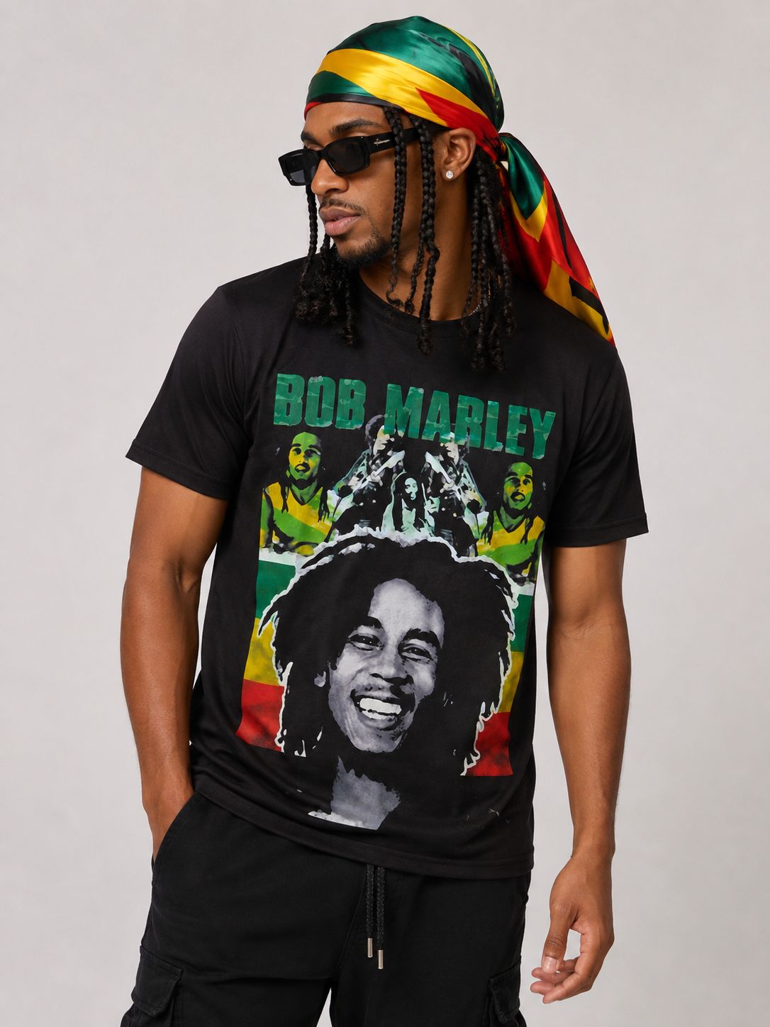 Men’s Bob Marley Rasta Portrait Graphic T-Shirt – Black
