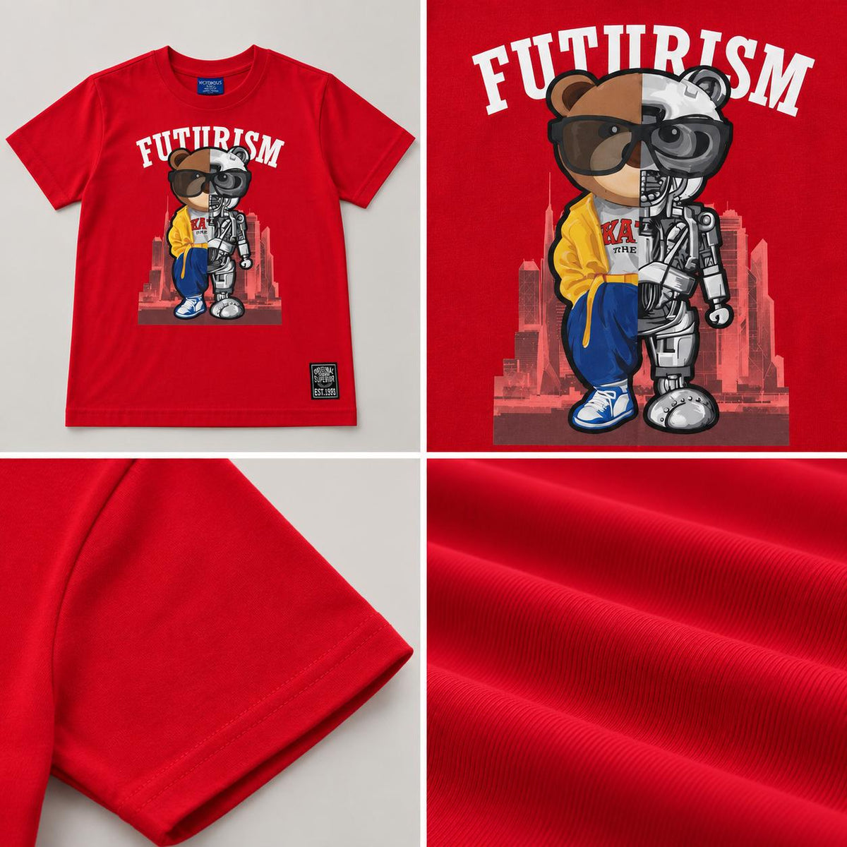 Victorious Kids’ Futurism Robot Bear Graphic T-Shirt – Red