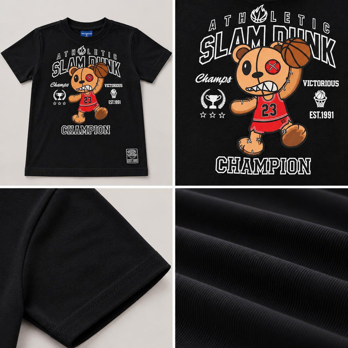 Victorious Kids’ Slam Dunk Bear Graphic T-Shirt – Black