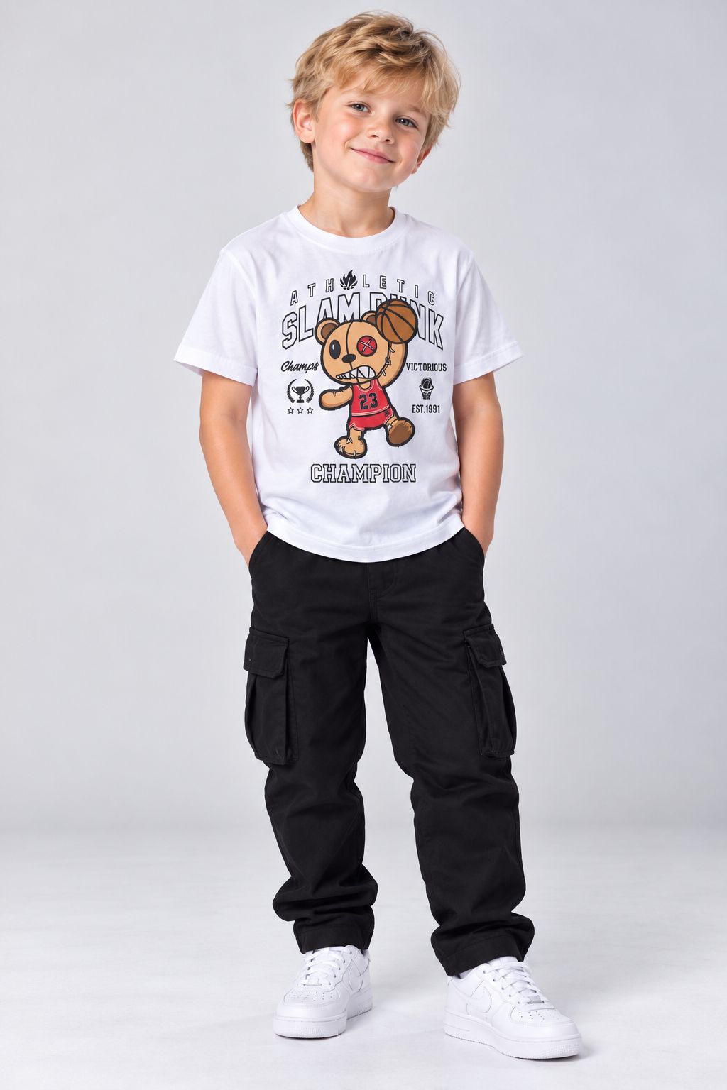 Victorious Kids’ Slam Dunk Bear Graphic T-Shirt – White
